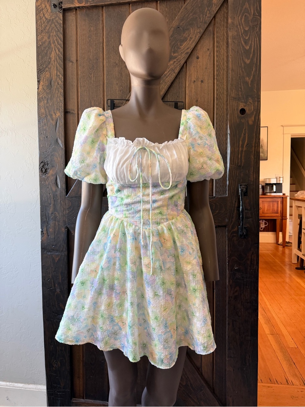 Pastel Floral Textured Babydoll Mini Dress Puff Sleeve Milkmaid Cottagecore